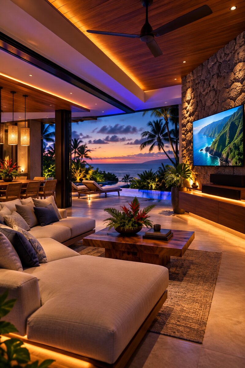 Integrated lighting and entertainment in a tropical residence